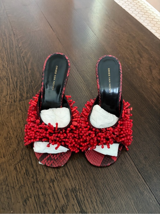 Dries Van Noten Shoes - Dries Van Noten Red Beaded Slide Mules with Snake-Print Footbed